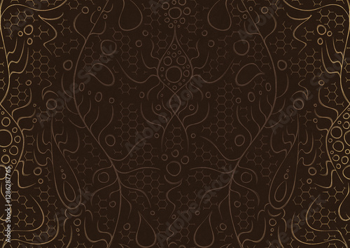 Wallpaper Mural Hand-drawn unique abstract ornament. Light semi transparent brown on a dark brown background, with vignette of same pattern in golden glitter. Paper texture. Digital artwork, A4. (pattern: p13-2a) Torontodigital.ca