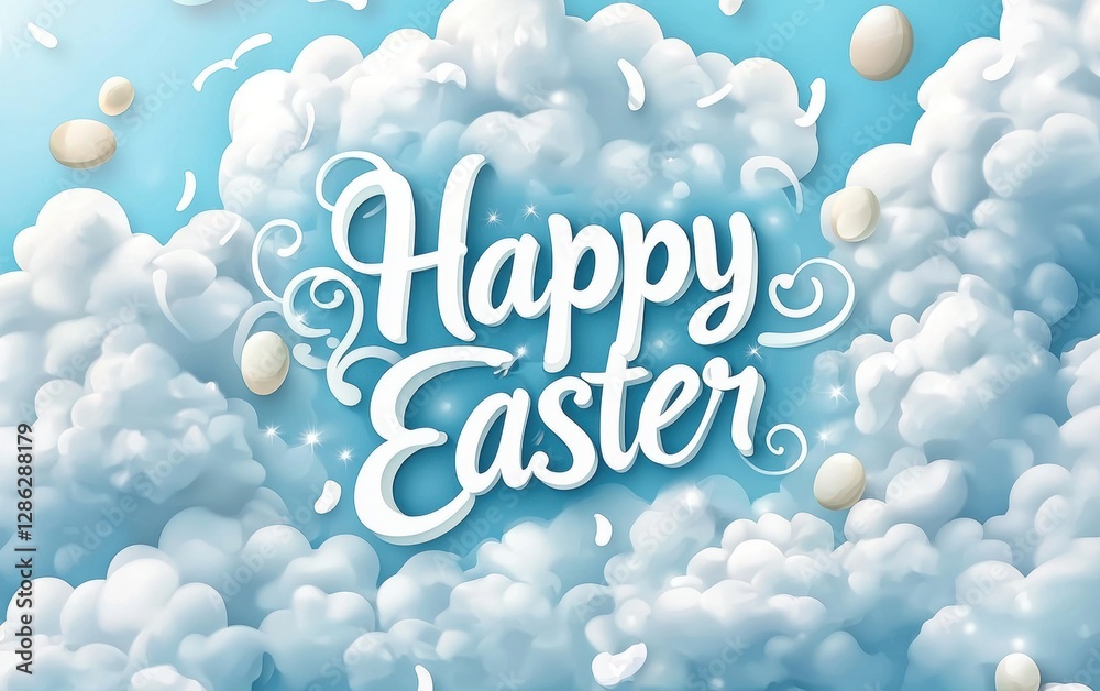 Elegant calligraphy banner with text Happy Easter on a soft fluffy cloud background Elegant calligraphy banner with text Happy Easter on a soft fluffy cloud background
