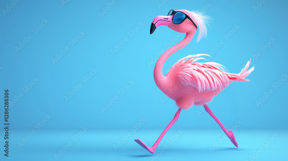 Obraz premium Cool Flamingo Walking on Blue Background - A pink flamingo wearing sunglasses strolls across a light blue background. Fun, summery