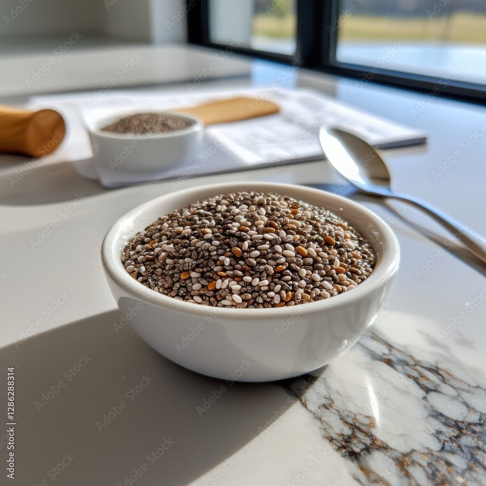 Chia seeds nutrition facts closeup on marble counter vibrant lighting food photography kitchen environment healthy eating concept Chia seeds nutrition facts closeup on marble counter vibrant lighting food photography kitchen environment healthy eating concept