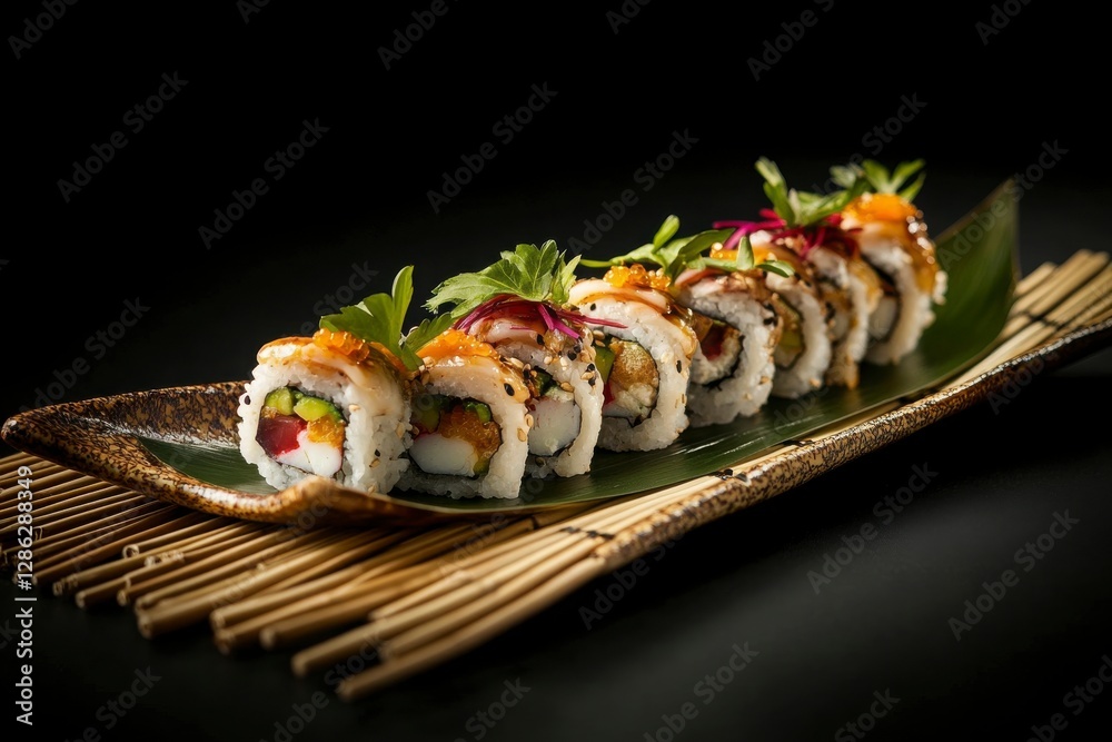 Elegant Sushi Rolls on a Wooden Plate, Dark Background Elegant Sushi Rolls on a Wooden Plate, Dark Background