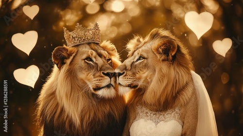 real picture of 2 lion couples getting married, the atmosphere is full of love and romance. 1 lioness wearing a crown and wedding dress. 1 male lion wearing a tie.