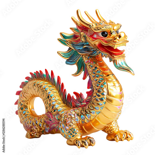 Golden Chinese New Year Dragon Figurine Isolated on Transparent Background