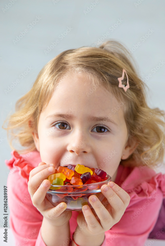 Child eating jelly candies at home. Selective focus. Child eating jelly candies at home. Selective focus.