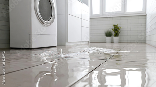 Water damage on tiled floor from leaking pipe in laundry room
