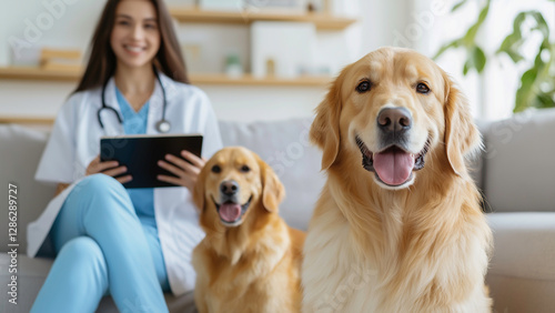 A veterinarian examines two joyful Golden Retrievers showcasing pet care in a welcoming home clinic and the importance of pet care.