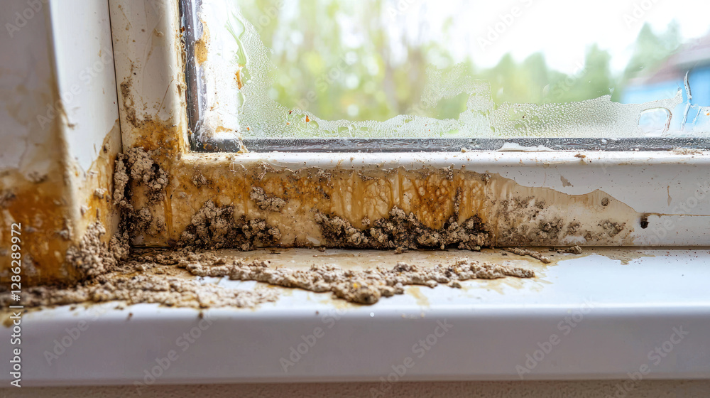 Mold growth in corner of plastic window, showing moisture damage and decay Mold growth in corner of plastic window, showing moisture damage and decay