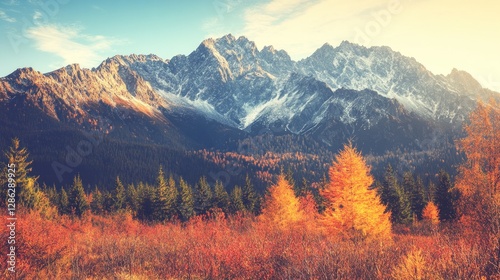 Snowy Mountain Peaks with Autumn Forest Landscape View at Sunset