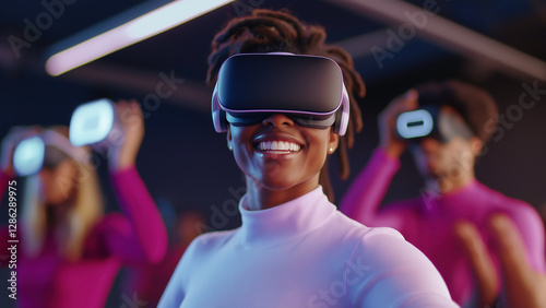 Group of women and men engages in a virtual reality fitness session showcasing the fusion of technology and exercise, Virtual reality fitness experience gym and innovative technology for engaging work