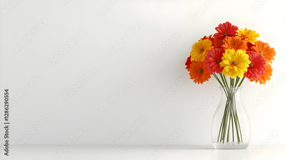 A vibrant bouquet of orange and yellow flowers in a clear vase against a minimalist background, adding a pop of color to any space. A vibrant bouquet of orange and yellow flowers in a clear vase against a minimalist background, adding a pop of color to any space.