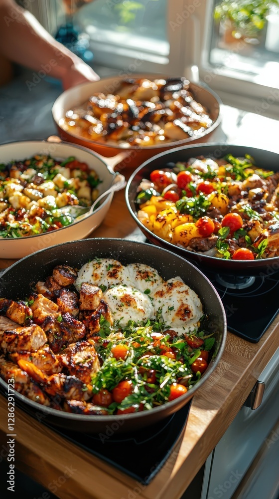 Fototapeta premium Delicious gutfriendly recipes showcase cozy kitchen food photography warm lighting angled view colorful dishes for healthier eating