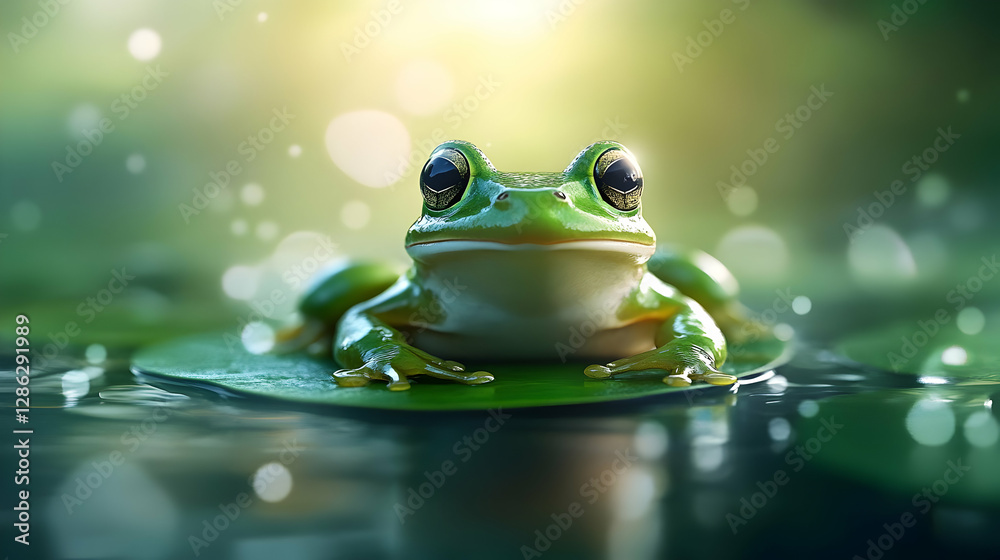 A vibrant green frog perched on a lily pad, surrounded by water and soft bokeh lights, evoking tranquility and natural beauty. A vibrant green frog perched on a lily pad, surrounded by water and soft bokeh lights, evoking tranquility and natural beauty.