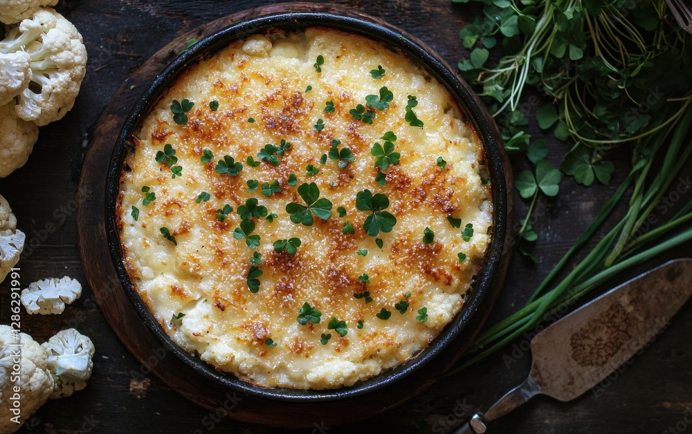 Floating cheesy cauliflower gratin with golden crust and crispy edges St Patrick Day Floating cheesy cauliflower gratin with golden crust and crispy edges St Patrick Day