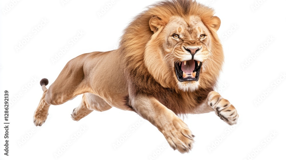 Obraz premium Majestic male lion leaping powerfully against a stark white background. The lion's mane is full and tawny, its mouth open in a fierce roar. The