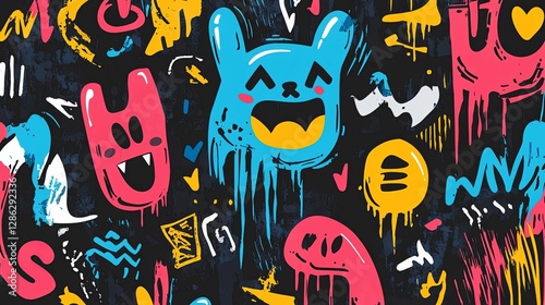 Colorful Cartoon Monsters Drip Paint Abstract Art