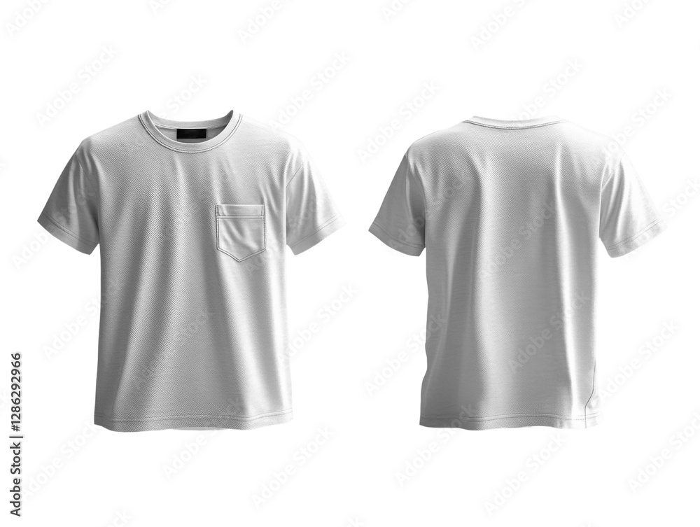 White t shirt with pocket, front and back view, plain design, casual wear White t shirt with pocket, front and back view, plain design, casual wear