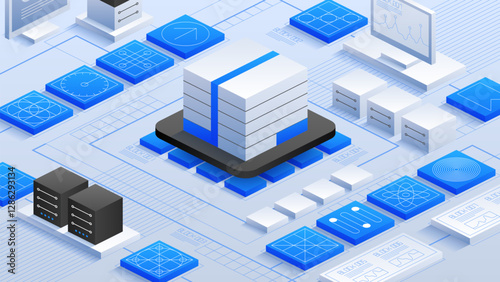 Advanced data center featuring interconnected servers, data blocks, and digital interfaces. Showcasing cutting-edge data storage solutions, robust analytics, and efficient network infrastructure.