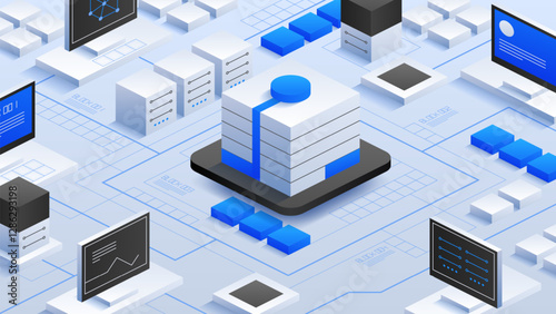 Illustration of a next-generation data hub with interconnected servers and cutting-edge cooling systems, highlighting innovation in digital infrastructure and efficient data processing