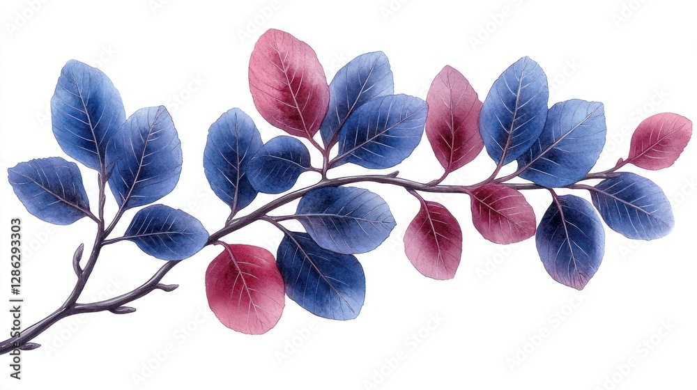 Obraz premium Vibrant blue and pink leaves branch, isolated on white