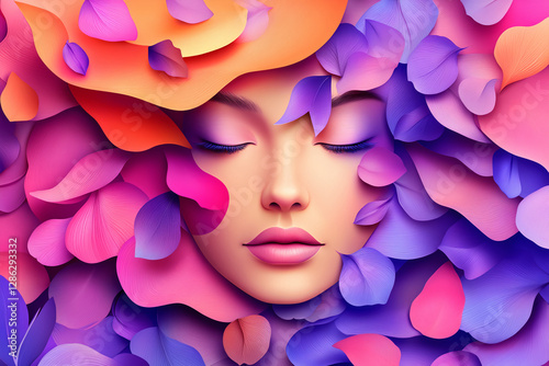 Beautiful girl with colorful petals - neon effect.