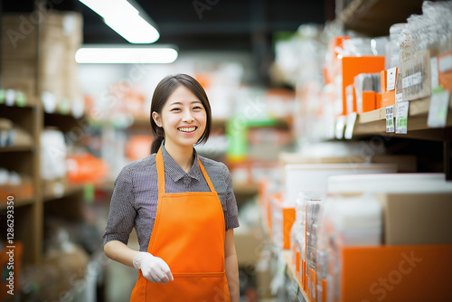 ホームセンターで働くアルバイト女子店員。日本人、アジア人女性。Generative AI