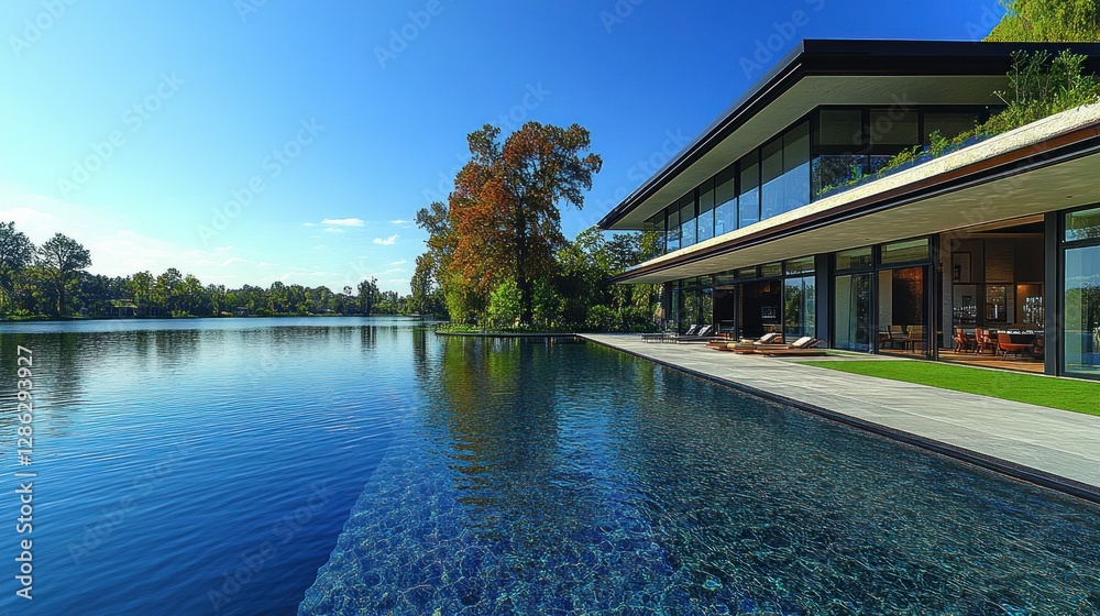 Fototapeta premium Modern House by Lake, Luxurious Pool