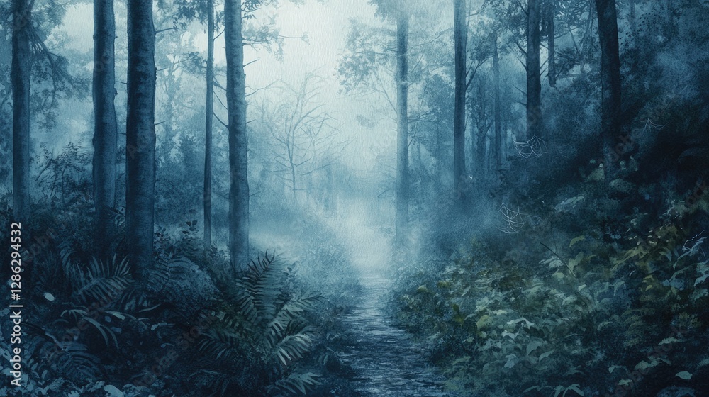 Obraz premium Misty Forest Path Watercolor Painting Nature Art Print