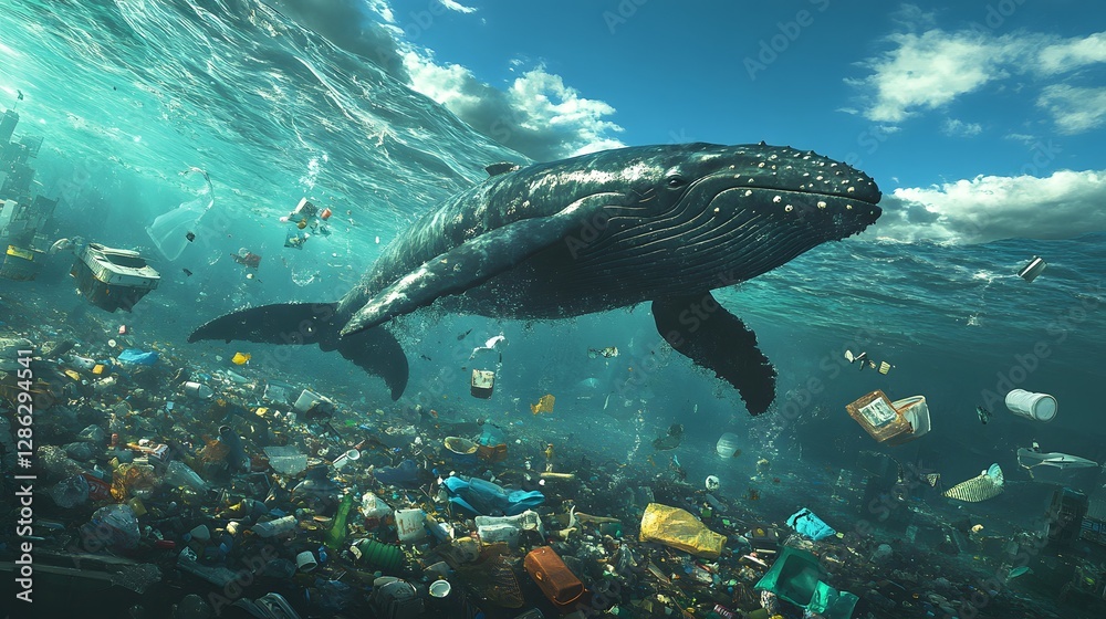 Fototapeta premium Majestic Whale Swimming Through Ocean Filled With Marine Debris
