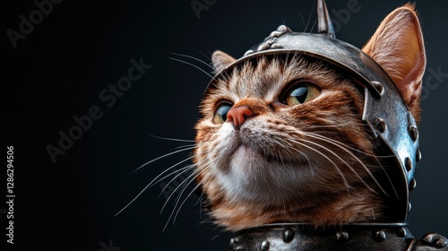 A striking image of a cat confidently wearing a metal helmet, exuding a sense of heroism and bravery, symbolizing the spirit of adventure and noble character in artful photography.