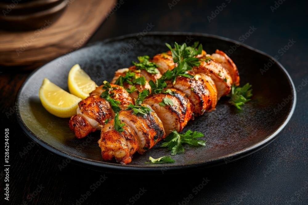 Grilled Chicken with Lemon and Parsley on Dark Plate Grilled Chicken with Lemon and Parsley on Dark Plate