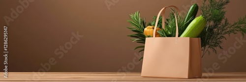 Fresh Produce in Reusable Bag - A beige reusable shopping bag filled with fresh vegetables and herbs sits on a wooden surface against a brown background photo