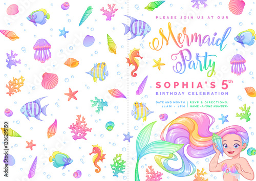 Mermaid birthday party invitation folded card vector template.