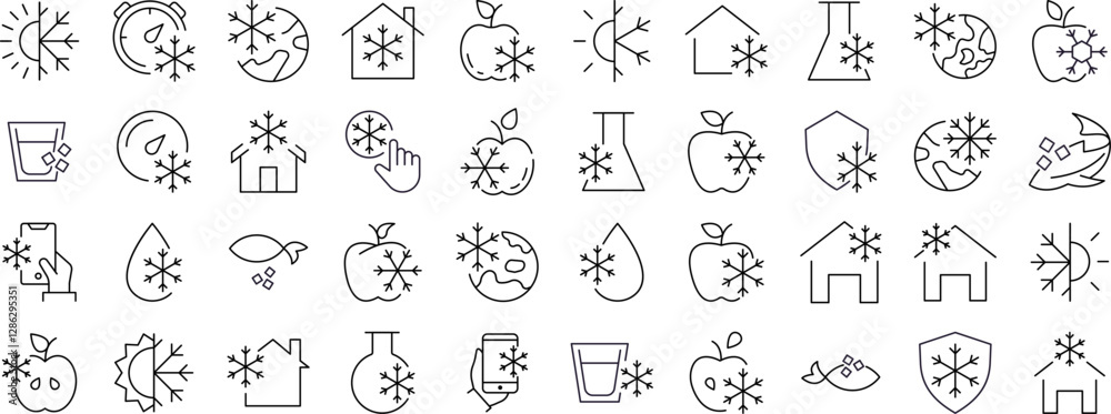Pack of Items by Snowflakes Related Line Icons. Outline Signs for Graphic and Web Design, Apps, Adverts, Various Cards Pack of Items by Snowflakes Related Line Icons. Outline Signs for Graphic and Web Design, Apps, Adverts, Various Cards