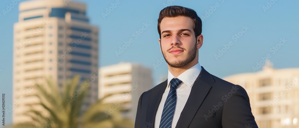 Businessman in formal suit standing against modern cityscape with skyscrapers and palm trees urban professional portrait of successful executive in financial district attire and leadership presence Businessman in formal suit standing against modern cityscape with skyscrapers and palm trees urban professional portrait of successful executive in financial district attire and leadership presence