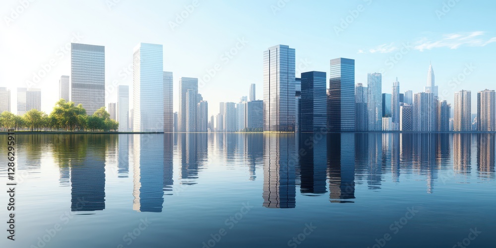 Fototapeta premium A modern city skyline features towering skyscrapers mirrored in a serene lake, showcasing architectural beauty and urban tranquility.