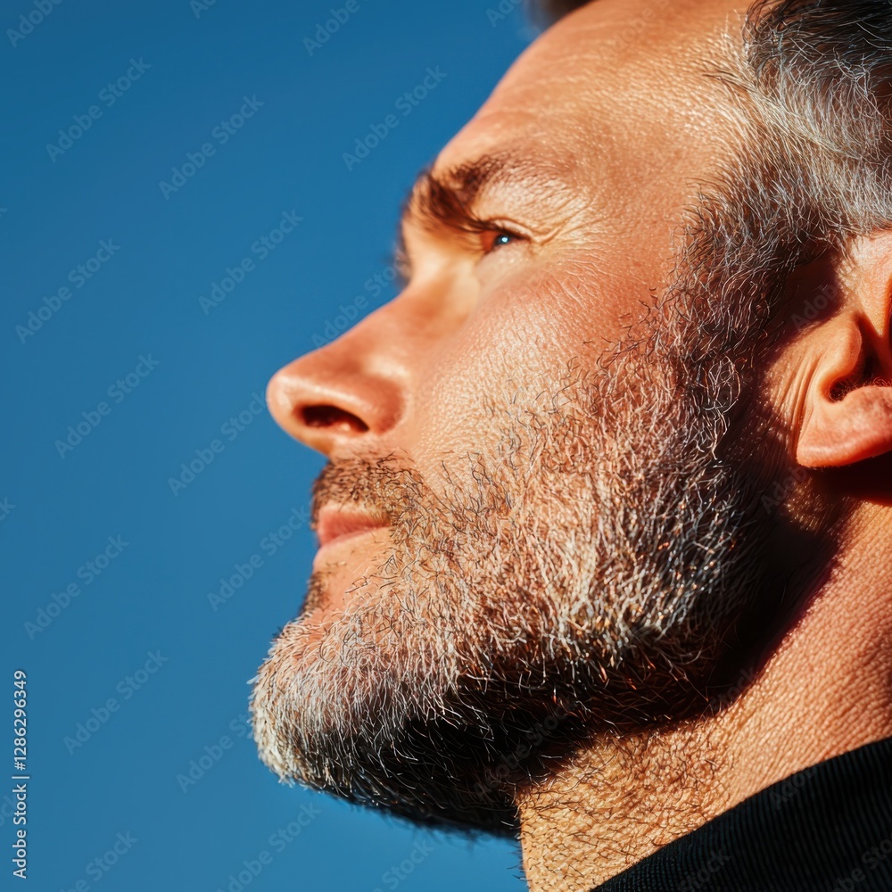Fototapeta premium Evening light portrait of male subject with sagging jawline capturing contours and signs of aging side angle view realistic photography