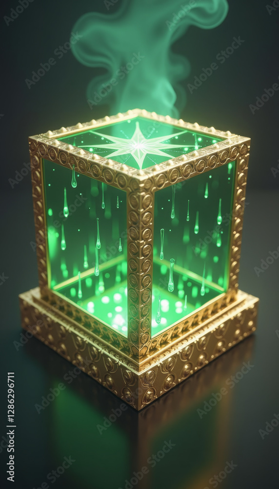 Obraz premium 3D illustration of an astrological transparent cube glowing from the inside with yellow-green lights and emitting luminous energy.