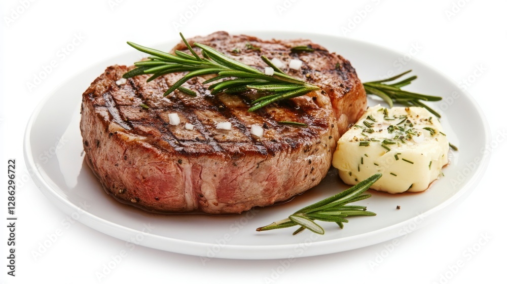 Grilled Steak with Rosemary and Herb Butter on White Plate of Food Cuisine Dish Dinner Lunch Meal Food Item Gourmet High Quality Food Photo High End Culinary Photography Studio Shot Appetizing Grilled Steak with Rosemary and Herb Butter on White Plate of Food Cuisine Dish Dinner Lunch Meal Food Item Gourmet High Quality Food Photo High End Culinary Photography Studio Shot Appetizing
