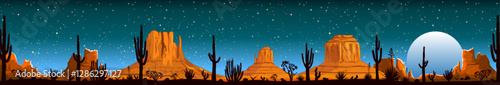 Arizona desert, banner. Night landscape of the Arizona desert. Landscape rocky desert. Mountains and cactus. Monument Valley in Arizona and Utah