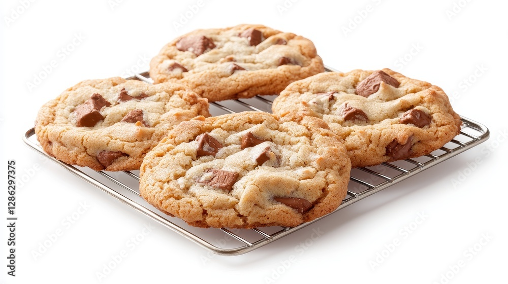 Freshly baked chocolate chip cookies cooling in bakery wire rack dessert cozy kitchen warm vibes comforting treats Freshly baked chocolate chip cookies cooling in bakery wire rack dessert cozy kitchen warm vibes comforting treats