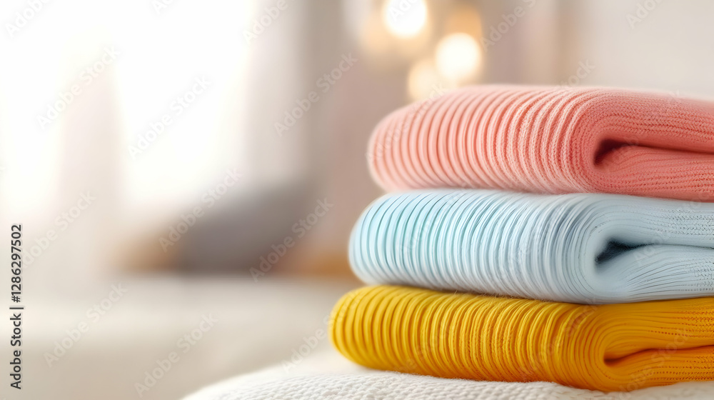 Cozy stacked towels in soft pastel colors, creating a serene and inviting atmosphere perfect for a relaxing bathroom or spa setting. Cozy stacked towels in soft pastel colors, creating a serene and inviting atmosphere perfect for a relaxing bathroom or spa setting.