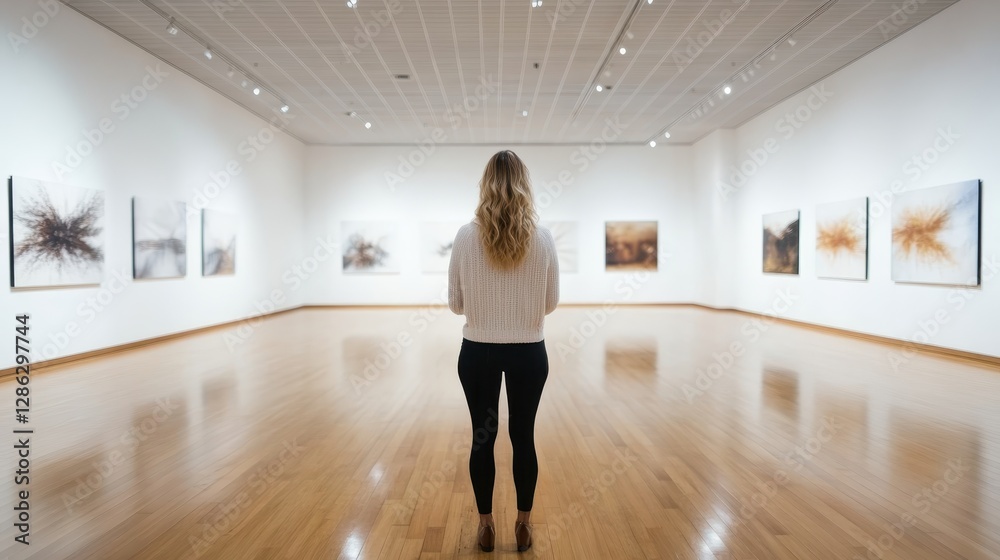 A woman with flowing hair stands in front of captivating abstract artworks, deeply immersed in the vibrant colors and forms, reflecting her personal experience. A woman with flowing hair stands in front of captivating abstract artworks, deeply immersed in the vibrant colors and forms, reflecting her personal experience.