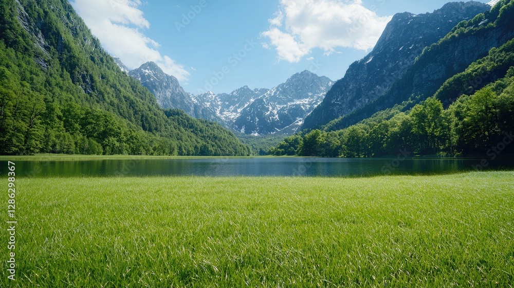 Obraz premium Scenic alpine lake surrounded by mountains and lush greenery. Use for nature, travel, or tourism promotional materials