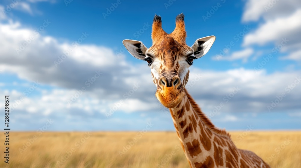 Fototapeta premium A captivating close-up of a giraffe highlights its unique facial features and patterns, surrounded by an expansive landscape that enriches this portrait of nature's beauty.