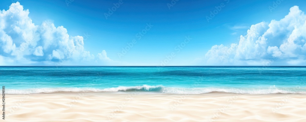 Fototapeta premium Serene beach scene with turquoise water lapping gently on a soft, sandy shore under a vibrant blue sky dotted with fluffy white clouds. Perfect for