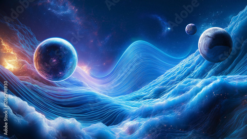 vibrant cosmic landscape with swirling waves and planets