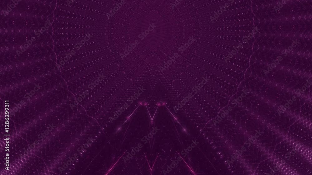 leuchtende Lichtpunkte bewegen sich langsam Richtung Zentrum, digitaler Datentransfer, Algorithmus, Internet, Energie, Datenfluss, Geschwindigkeit, Wandel, Austausch, magenta, pink