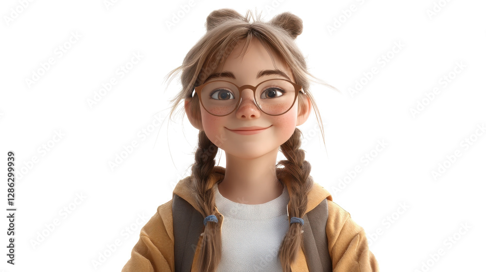 Young girl with glasses and braids smiles warmly in a cozy setting, showcasing cheerful personality and friendly demeanor