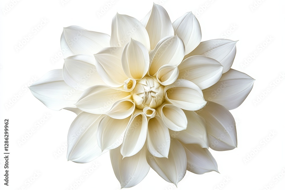 Fototapeta premium Isolated Cream Dahlia Blossom - A single, cream-colored dahlia flower, isolated on a white background. Symbolizing purity, elegance, beauty, inner peace, and new beginnings