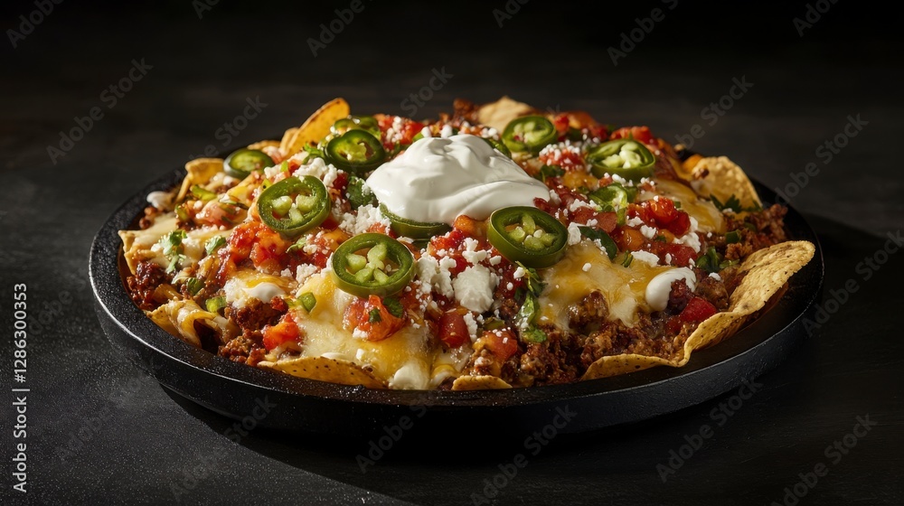 Loaded Beef Nachos with Peppers and Cream on Dark Backgrounds and Lighting Style Photography Cuisine Dish Plate Food Photography Featuring Tasty Savory Dishes Made of Fresh Produce and Meat With Loaded Beef Nachos with Peppers and Cream on Dark Backgrounds and Lighting Style Photography Cuisine Dish Plate Food Photography Featuring Tasty Savory Dishes Made of Fresh Produce and Meat With